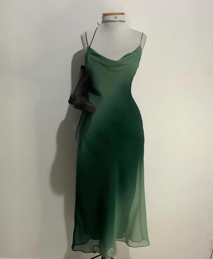 TingPo Wholesale Chic A Line Spaghetti Straps Green Chiffon Evening Dress Prom Dresses